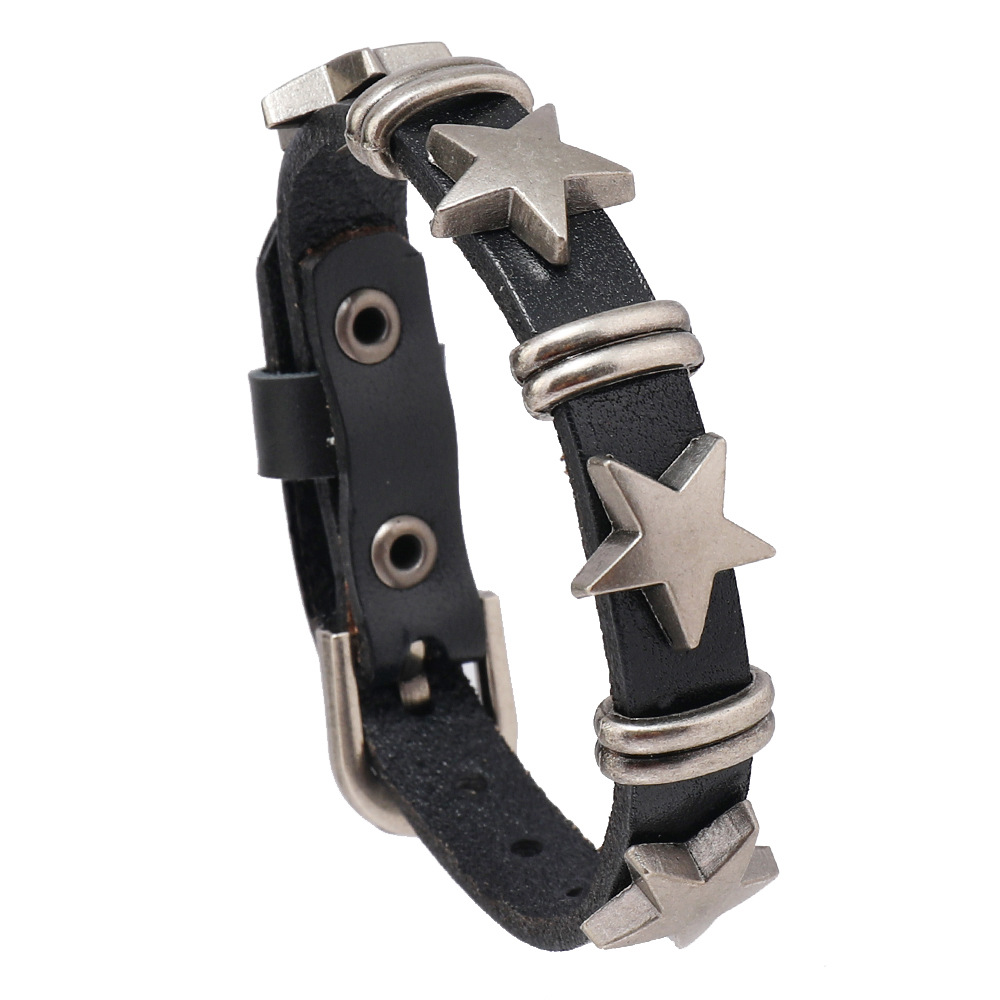European and American Cross-border Hot Selling Men's Jewelry Personalized Street Punk Style Five-pointed Star Retro Cowhide Bracelet Creative Bracelet