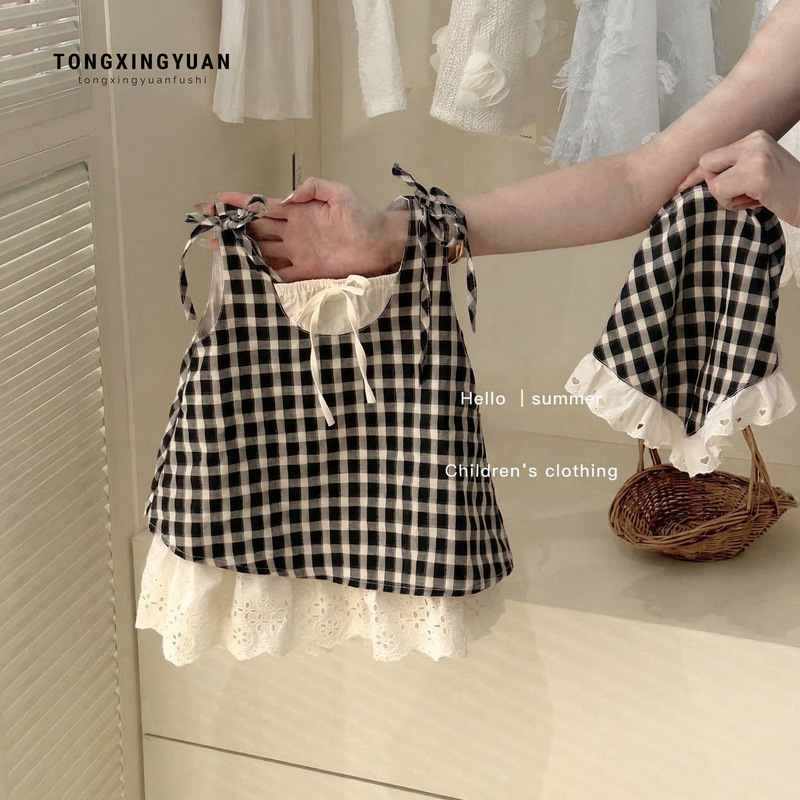 [Free Headscarf] Girls' Plaid Fake Two-Piece Dress, New Summer Style, Children's Baby Girl Tank Top Dress, Trendy Children's Clothing