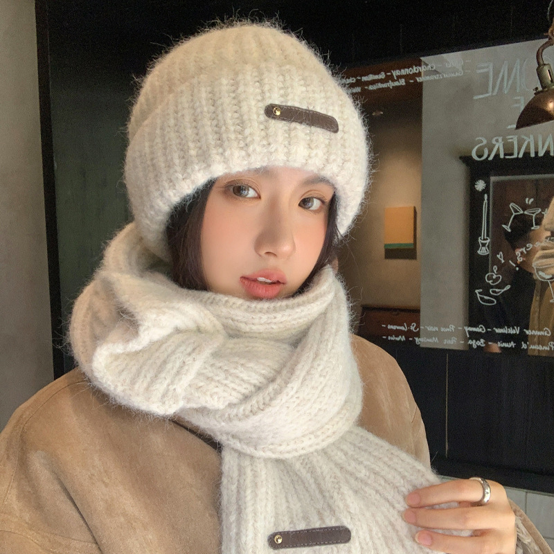 韩版高级感加绒护耳保暖帽秋冬天帽子女款围巾套装防风针织毛线帽