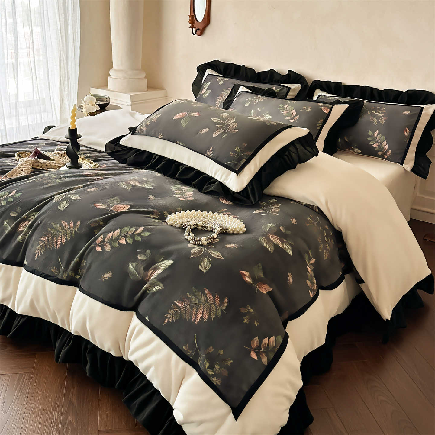 Set di biancheria da letto in quattro pezzi in stile vintage francese nordico boho francese vintage classe A latte, spesso e caldo per l'inverno, copripiumino in velluto corallo, con angoli elasticizzati_voghion.com
