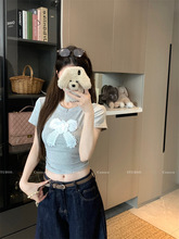 刺绣蝴蝶结短袖T恤女夏季圆领正肩内搭灰色百搭辣妹修身紧身上衣