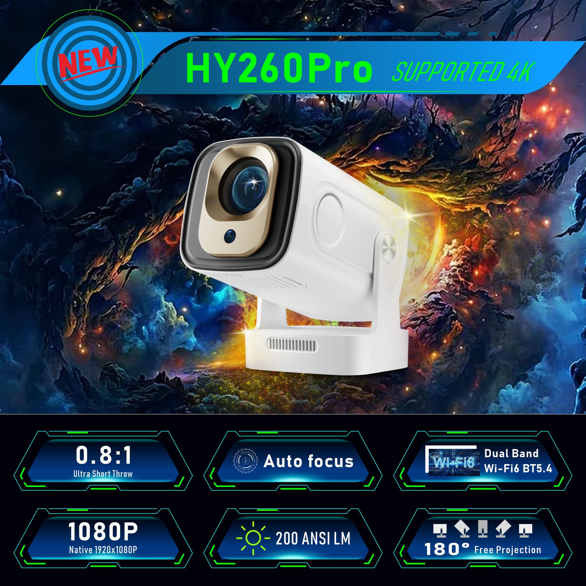Cross-Border Hot-Selling Hy260Pro Projector for Home Use, High-Definition 4K, Android 11, Auto-Focus H713 Barrel Projector