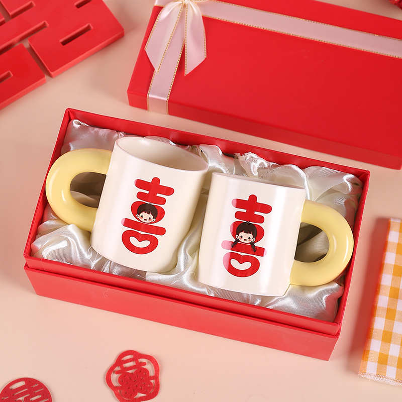 Taza de cerámica de alto grado con taza de regalo de mano Xi carácter par Copa regalo de compromiso de boda regalo para nueva pareja caja de regalo