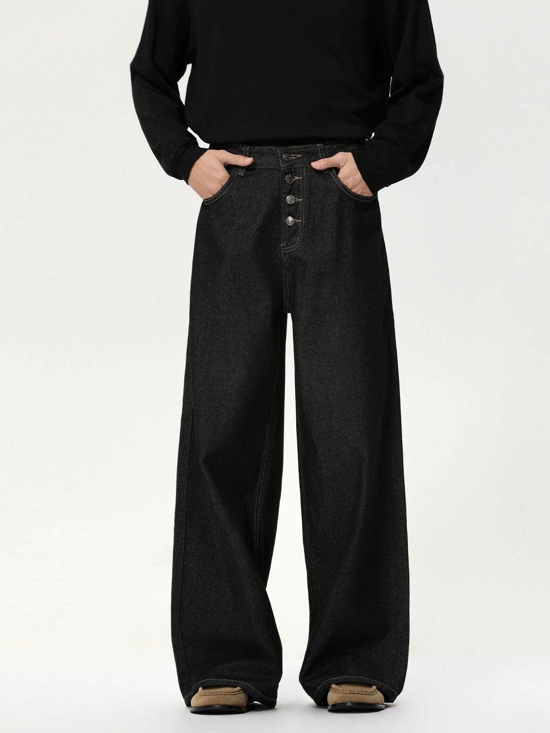 MTLCLOTHES Hombres| Retro multi-botones de cintura media base de vaca piernas anchas rectas jeans lavados con agua