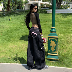 秋季新款阔腿牛仔裤女美式港风辣妹设计感印花宽松直筒垂感拖地裤