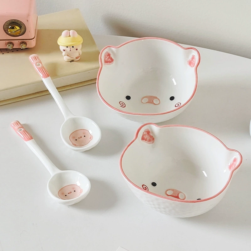 Ceramic tableware set, cute pig design, bowls and spoons, multiple set configurations