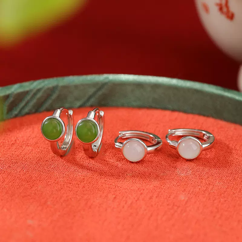 悦宝珠宝S925纯银和田玉碧玉白玉复古简约几何圆珠耳夹气质银耳环
