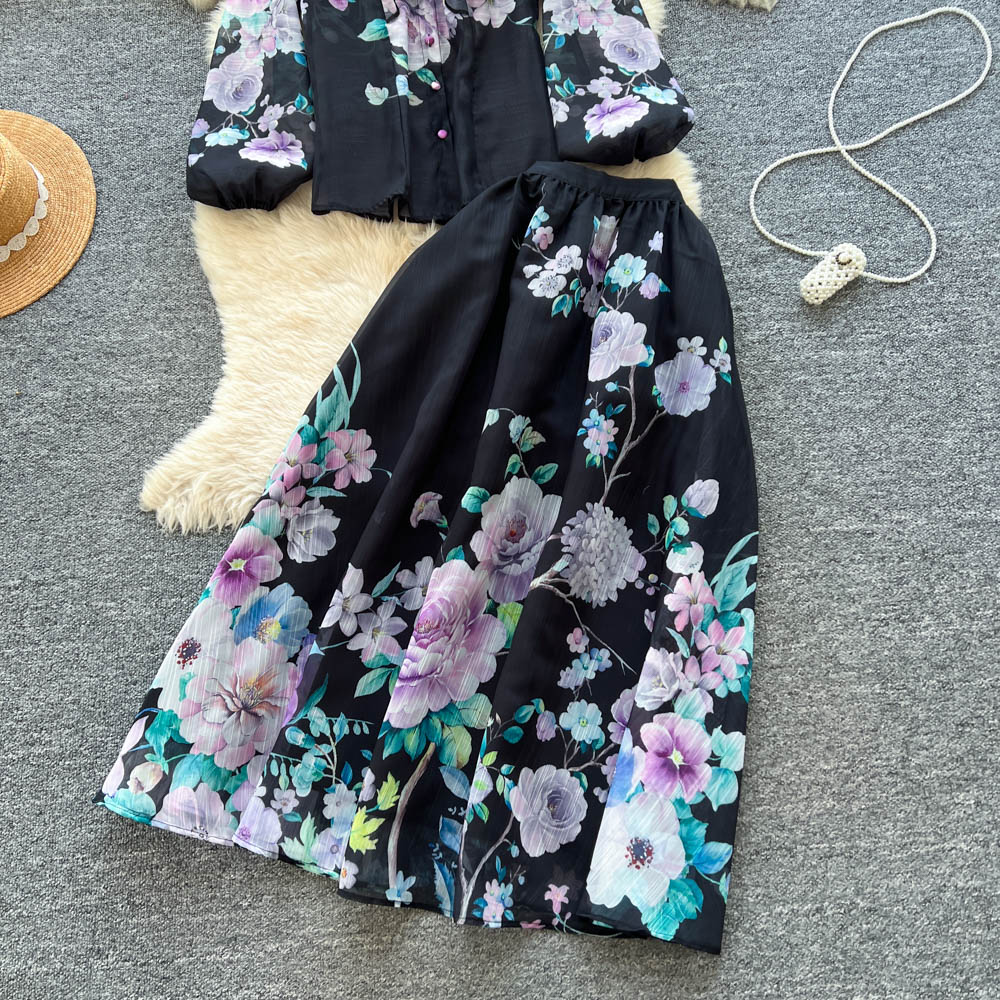 Women's French Retro Floral Print Two Piece Skirt Set Stand Collar Lantern Sleeves Slimming Maxi Skirt Autumn Style_ecoleips.com