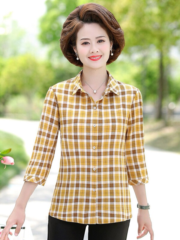 Middle-Aged and Elderly Women's Summer Cotton Three-Quarter Sleeve Shirt, Plaid Loose-Fitting Stylish Spring and Autumn Mid-Sleeve Top for Middle-Aged Moms Middle-Aged and Elderly Women's Summer Cotton Three-Quarter Sleeve Shirt, Plaid Loose-Fitting Stylish Spring and Autumn Mid-Sleeve Top for Middle-Aged Moms