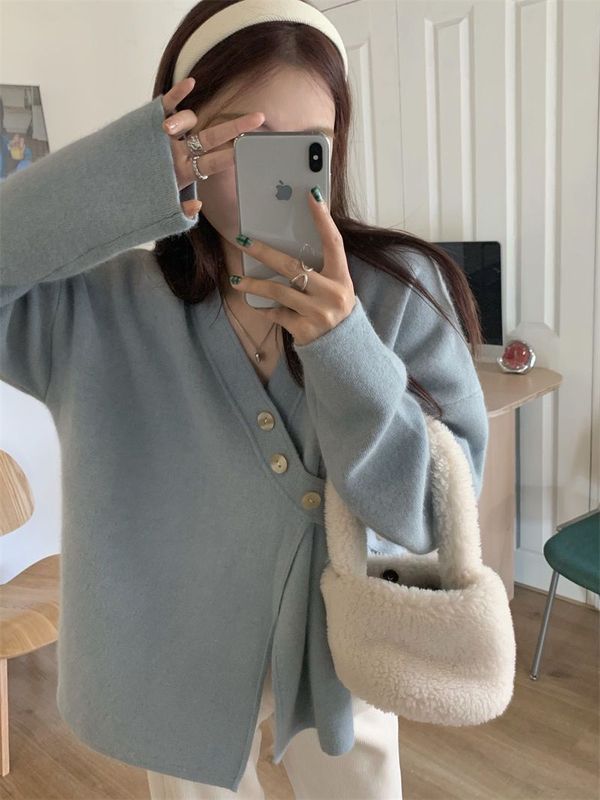 毛衣外套开衫女秋冬针织设计感小众宽松慵懒风斜扣v领内搭打底衫|undefined