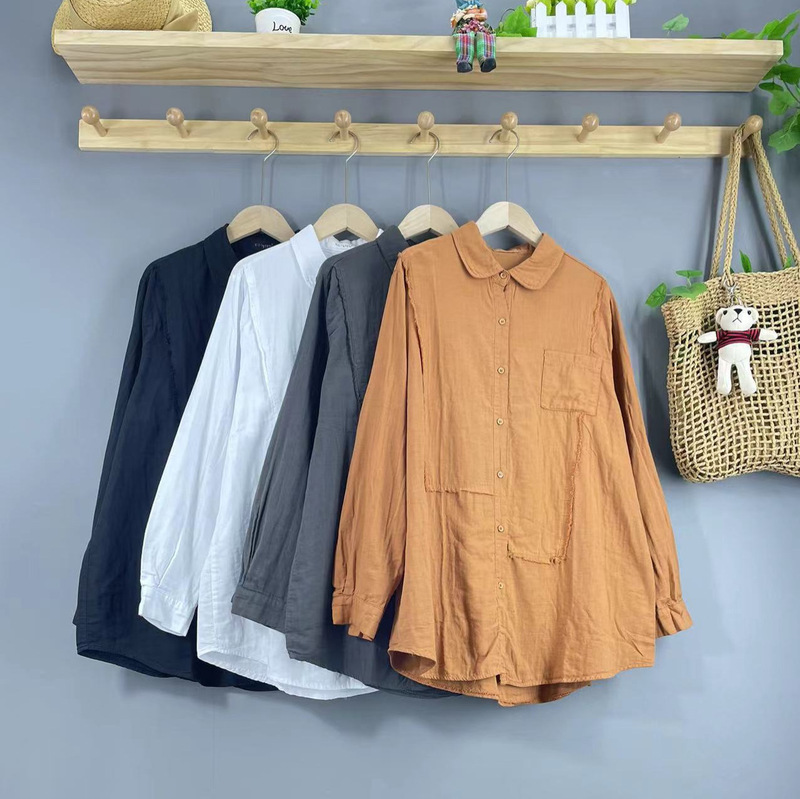 ed iqyipai Midi Double-Layer Cotton Linen Shirt Lapel Long Sleeve Shirt Solid Color Cardigan Women's Japanese Style Loose