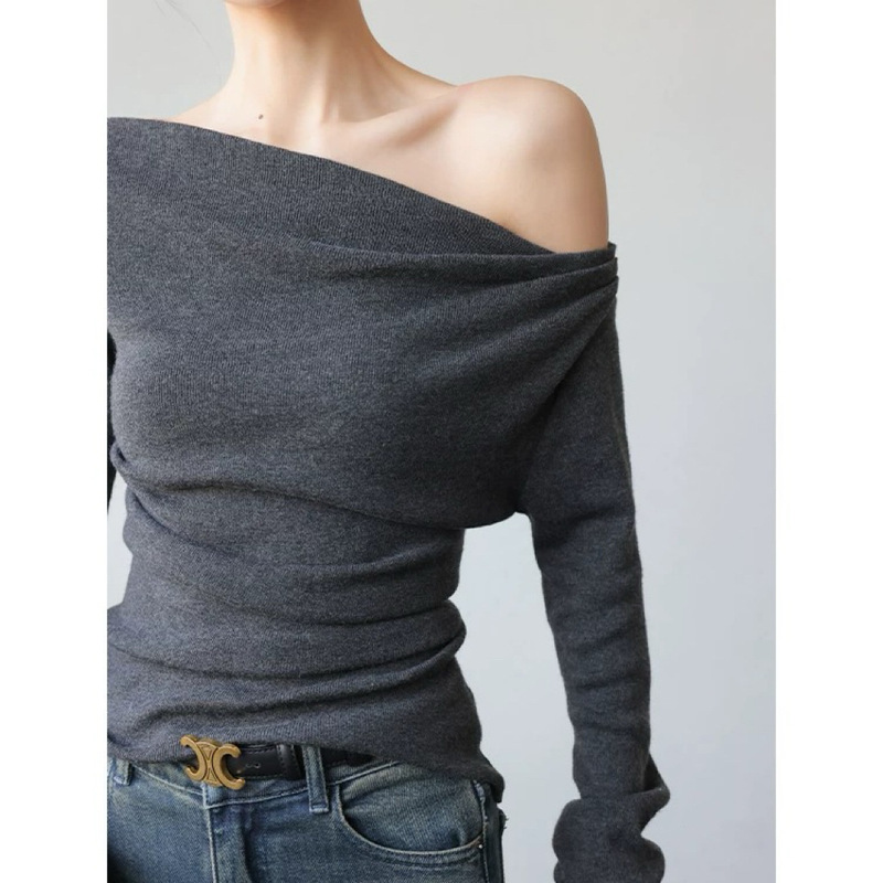 Grey Long-sleeved Solid Color Slant Shoulder Sweater Women's 2025 Early Spring New Slim-fit Sweater Slim-fit Base Top All-match