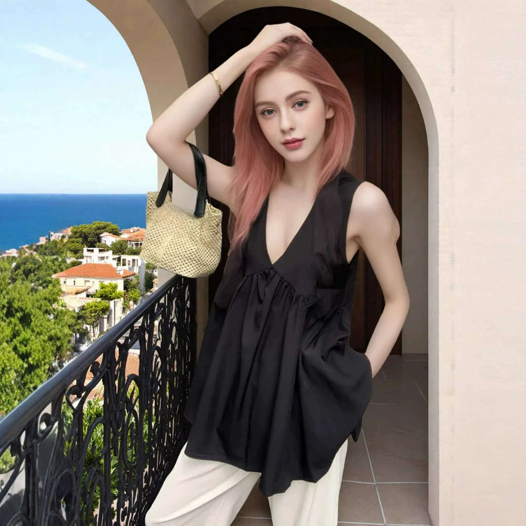 Кросс-бордер 2025 новый тайский стиль морского курорта, топ с V-образным вырезом, без рукавов, свободный и универсальный, скрывающий живот, экспортный стиль