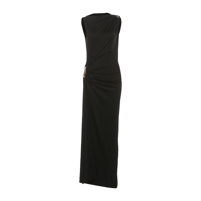 Sleeveless Bodycon Dress Solid Color Metallic Accents Sexy Split Design Autumn Fashion for Women Wholesale Available