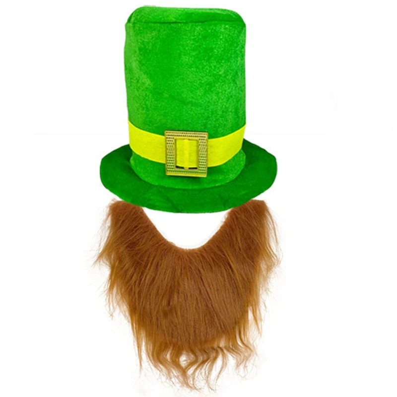 Ирландская высокая мягкая шляпа с коричневой бородой, костюм на День Святого Патрика, пояс с клевером и золотой пряжкой, высокая шляпа