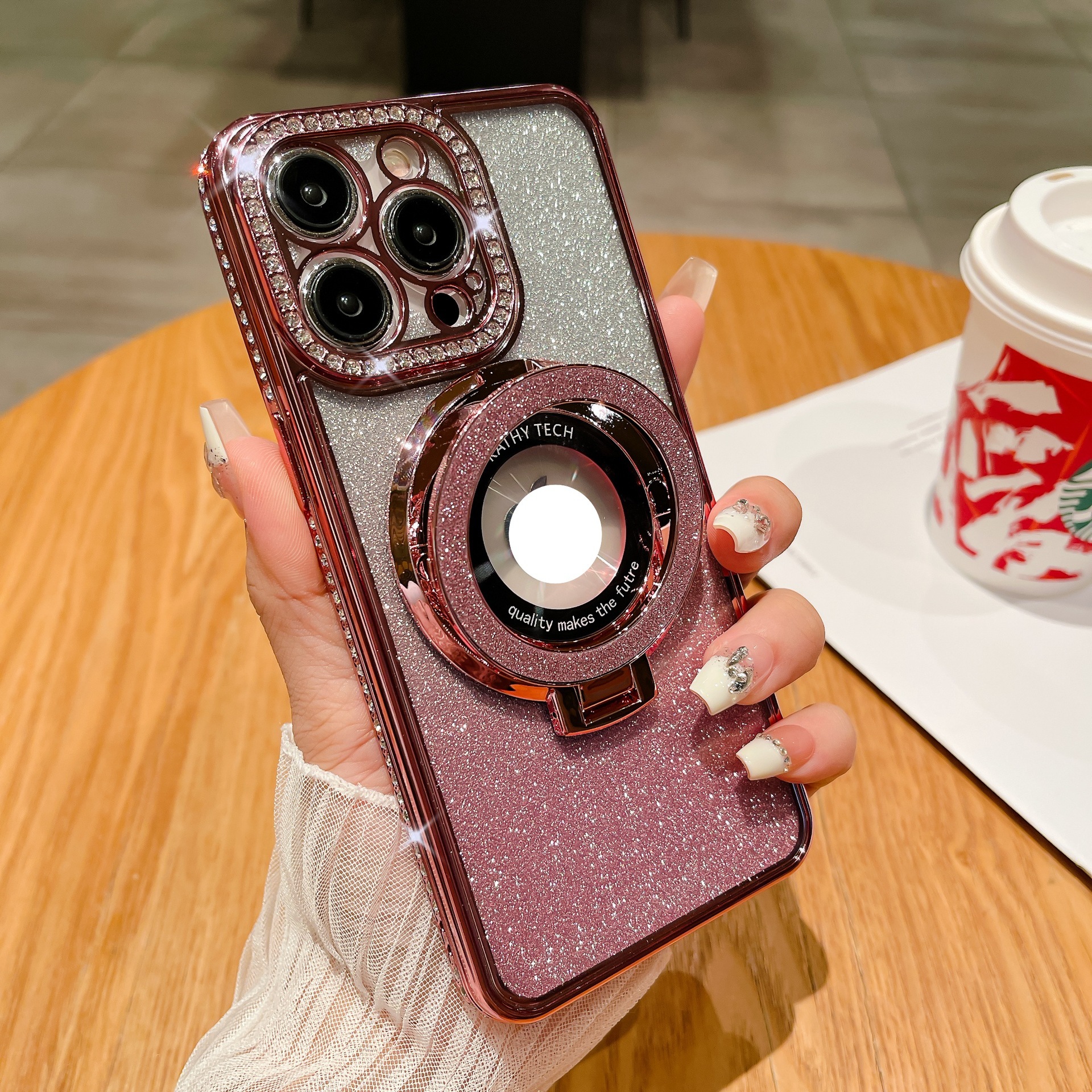 Soporte de succión magnética para iPhone17 caja de teléfono con brillo degradado 16Pro diamante de imitación galvanoplastia 13 funda protectora diamante