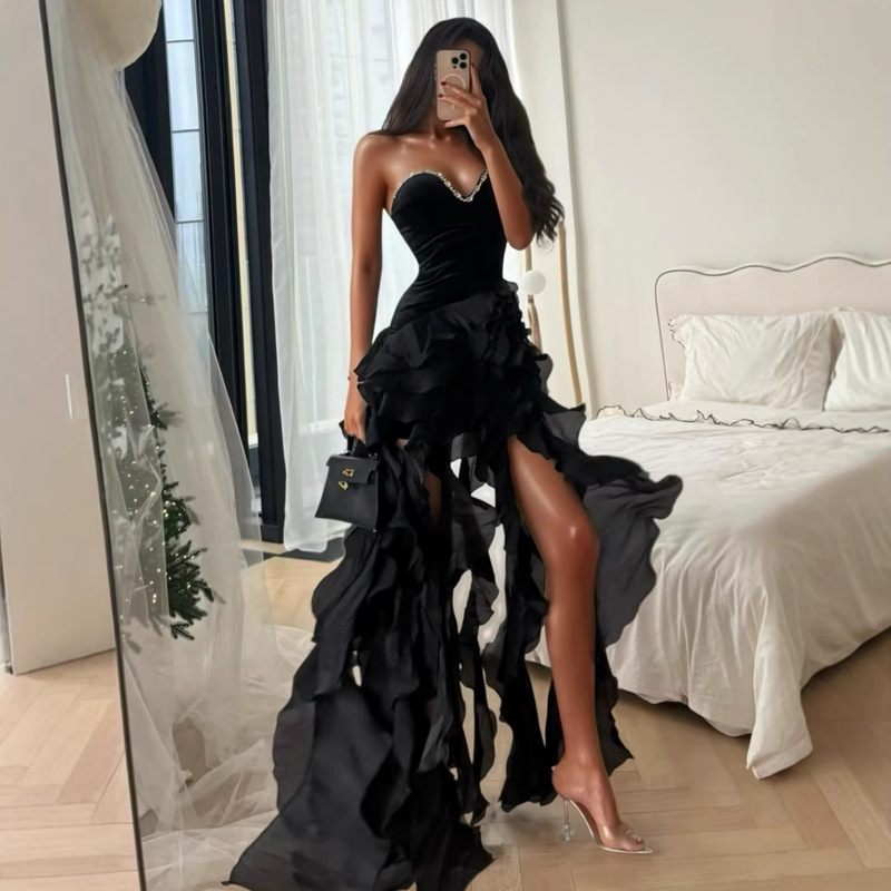 2026 Cross-Border New Product Bandage Dress Rhinestone Tube Top Waist-Cinching Tassel Long Dress Birthday Party Gown Dress
