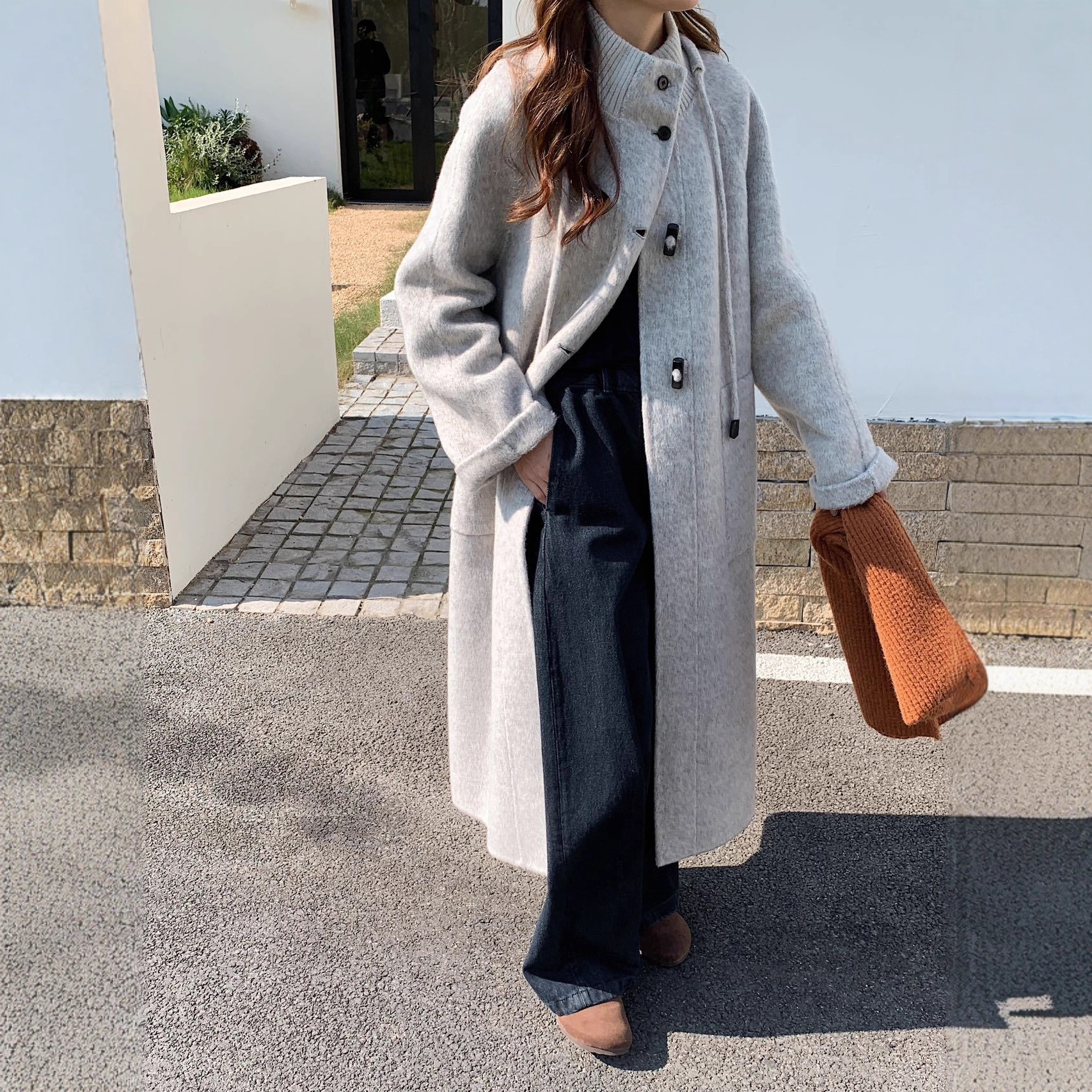 立领针织拼接加厚保暖双面羊毛大衣单排牛角扣显瘦羊绒毛呢外套女