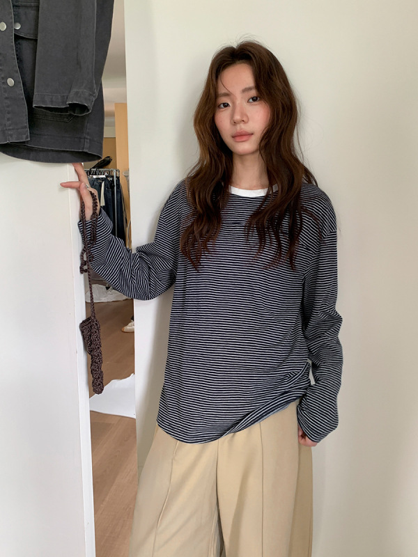 广州十三行2025秋韩系休闲风圆领套头长袖休闲打底针织T恤女02835|undefined