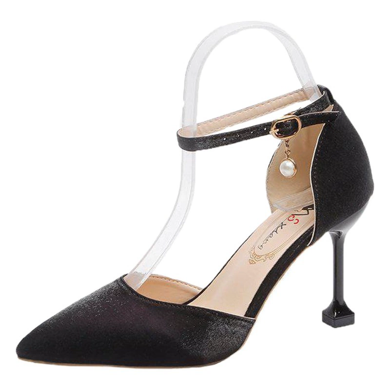 Весна и лето Новые интернет-знаменитости в стиле атласные невысокие пряжки с тонким каблуком с острым носком Модные сандалии на высоком каблуке для женщин