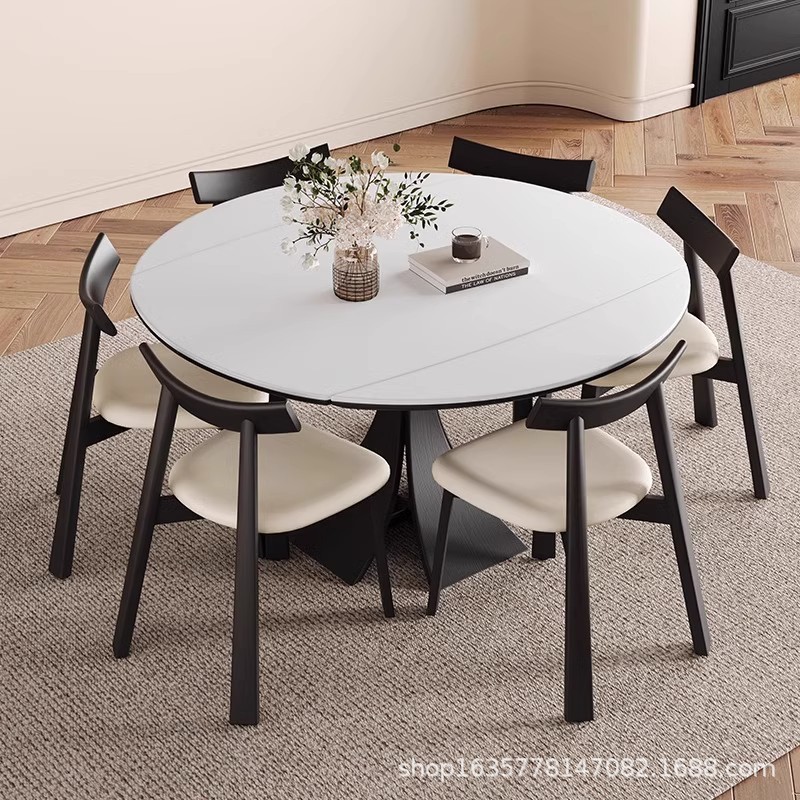 Mesa de comedor de madera maciza de estilo antiguo, retráctil, plegable, mesa redonda variable, apartamento pequeño, mesa de comedor de tablero de roca retro francés negro para el hogar