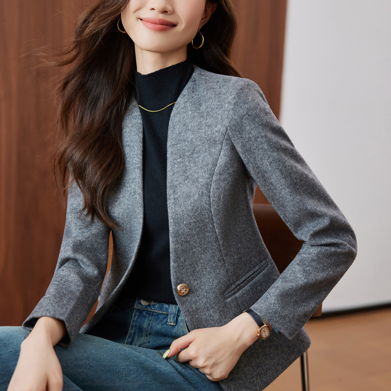 绵羊毛西装外套女2025新款秋冬气质小个子高端毛呢无领小西服上衣|undefined