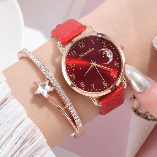 Foreign trade new women's personalized bracelet combination set moon pattern digital dial 2pcs fashion quartz women's watch