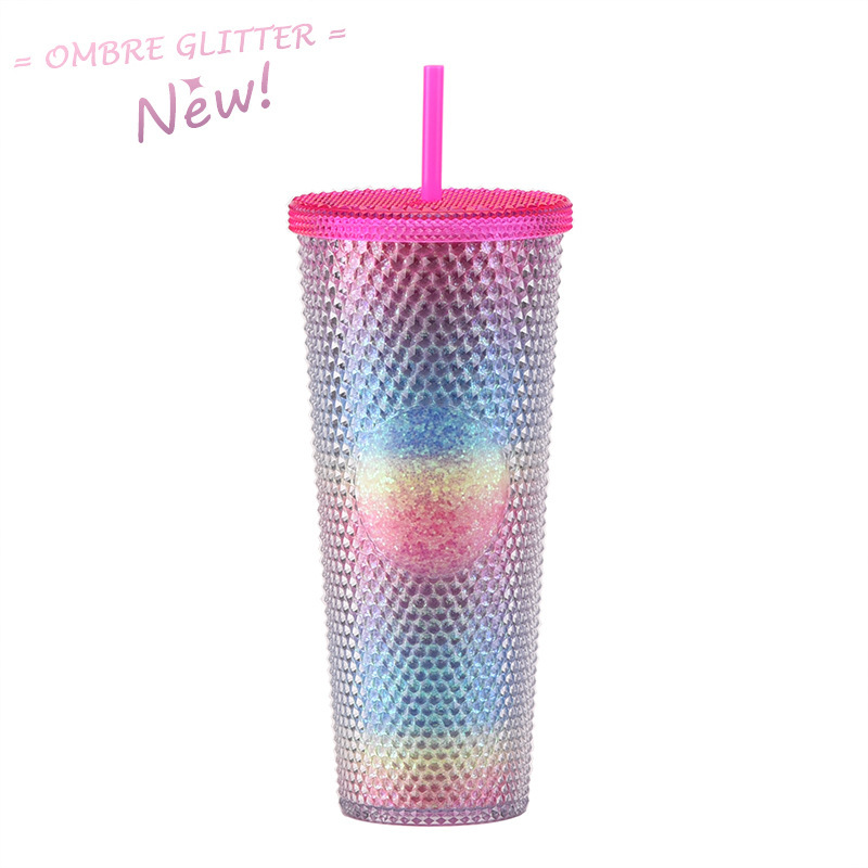 二層プラスチックストローカップ大容量クリエイティブ 710 ミリリットルドリアンカップハンドカップ発光変色レインボーグラデーションカップ|undefined