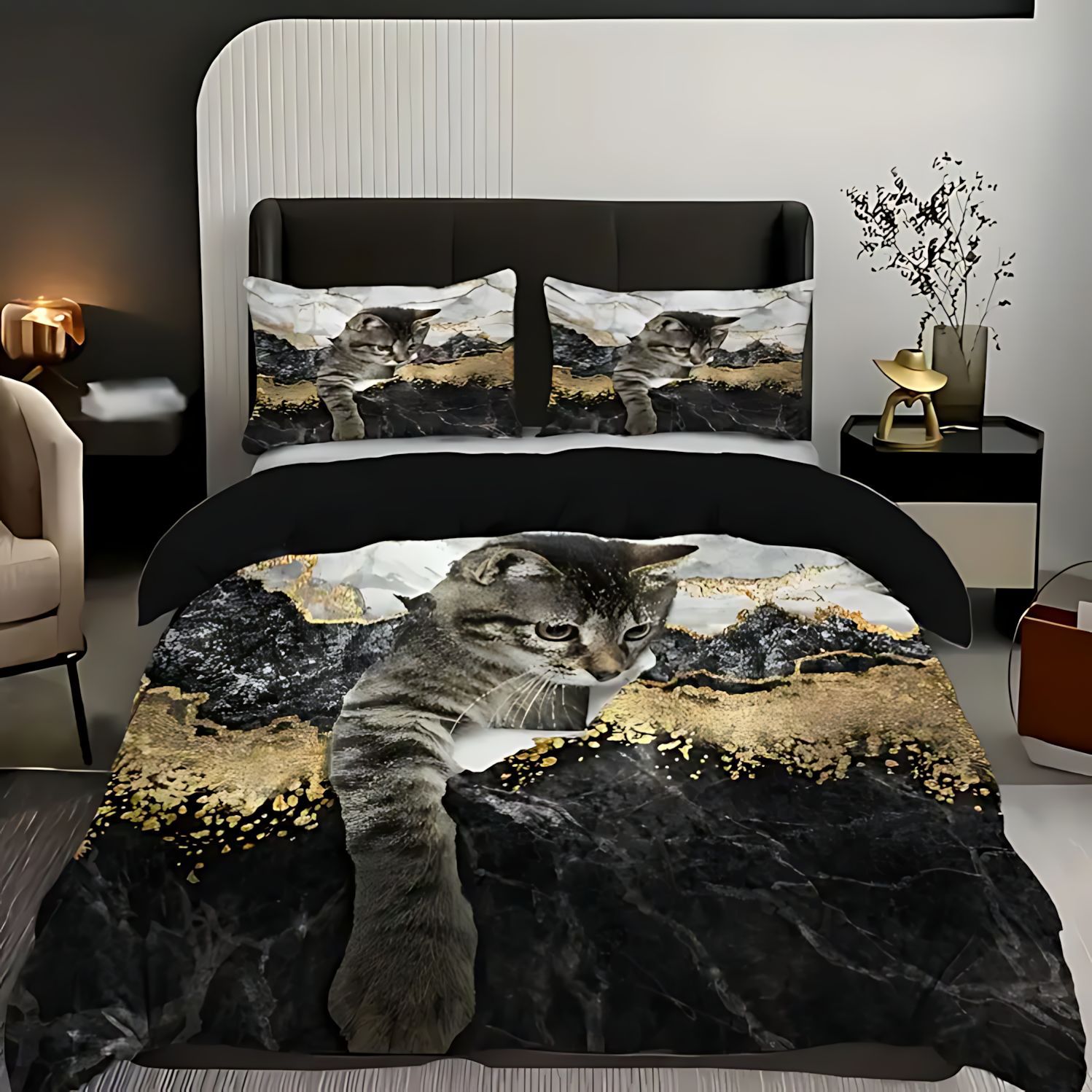 TEMU / JIT transfronterizo gato negro animal impresión digital 3D suave colcha de cama set fuente fabricante