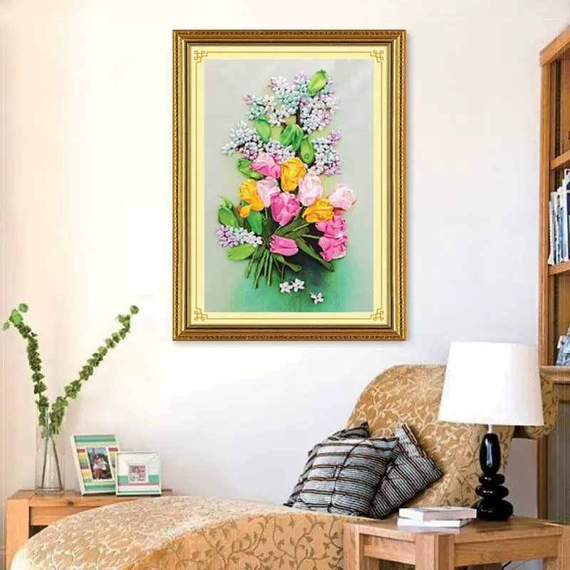 新款丝带绣立体手工刺绣diy挂画客厅卧室书房材料包套件花束挂画