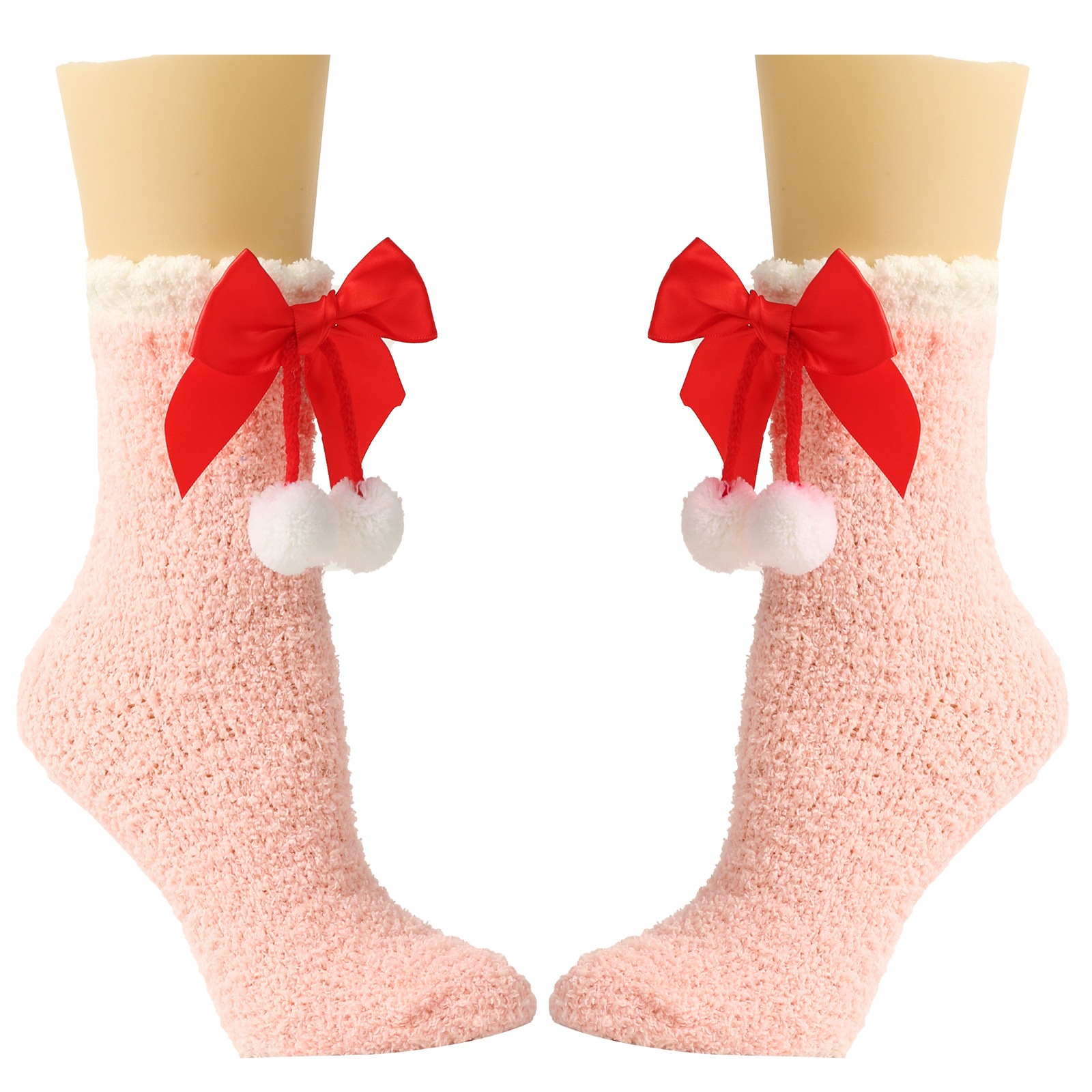 Calzini da donna Calzini spessi e caldi in peluche Calzini in pile corallo con fiocco Calzini a tubo medio autunnali e invernali Calzini con fiocco_voghion.com