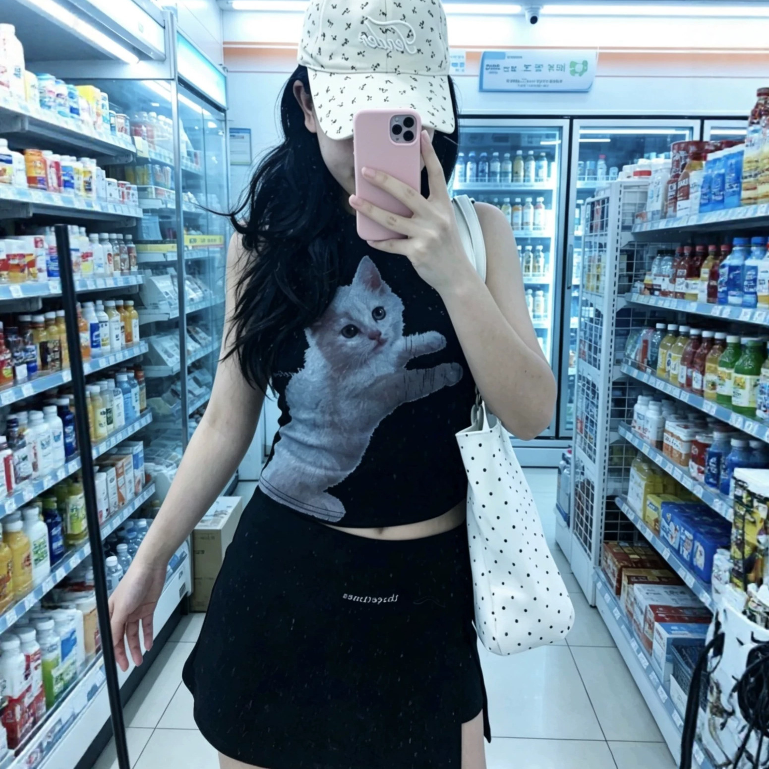 Korean Niche Influencer Style Three Spicy Girl Style Cat Print Tank Top T-Shirt Women's Top and Short Skirt Set