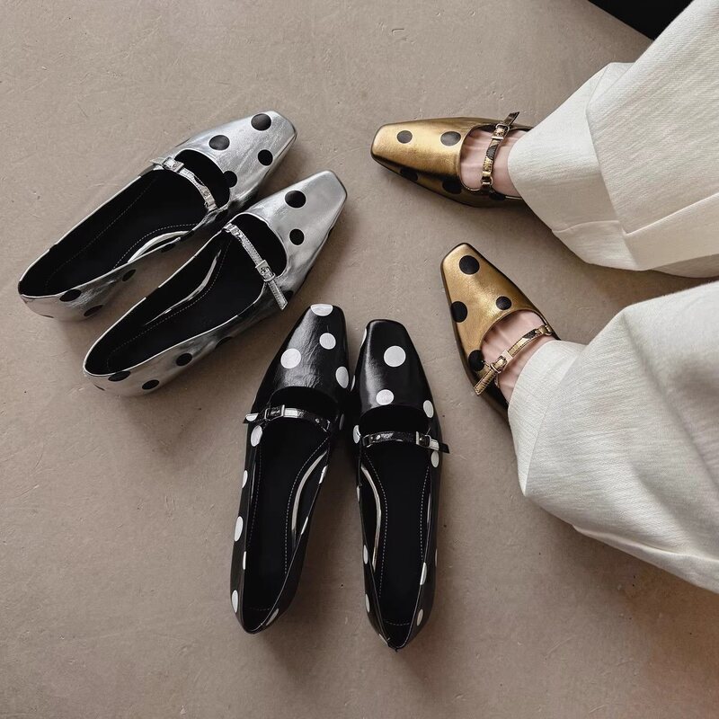 Square-Toe, Hidden Heel, Fashionable Metallic Polka Dot, Stylish One-Strap Mid-Heel Mary Jane Shoes for Women, Shallow Mouth Single Shoes for Women