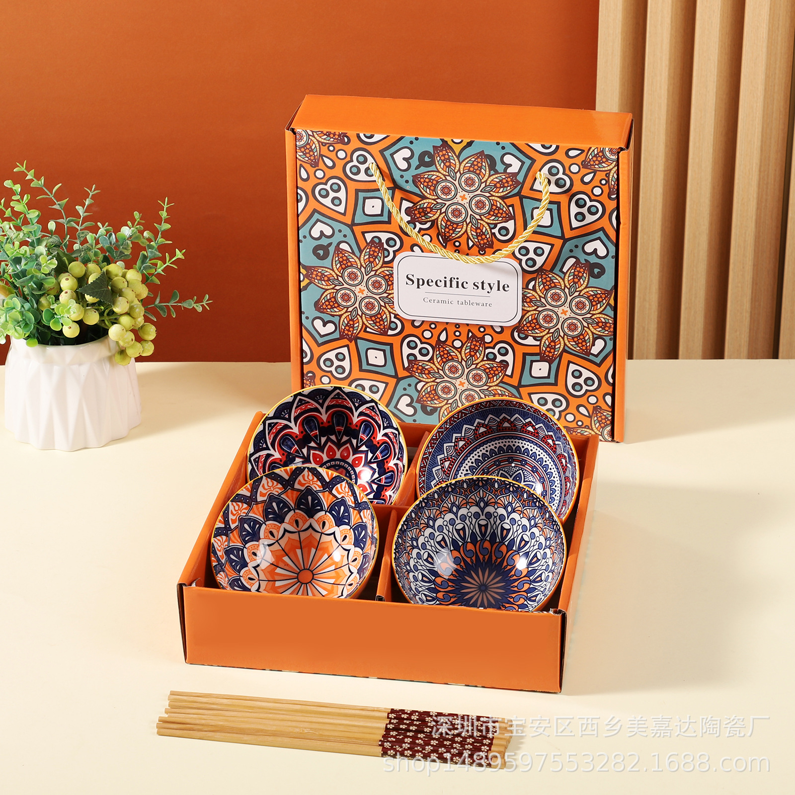 Regalo bohemio tazón de cerámica y palillos traje al por mayor tazón y plato traje hogar tazón de arroz vajilla conjunto tazón caja de regalo traje
