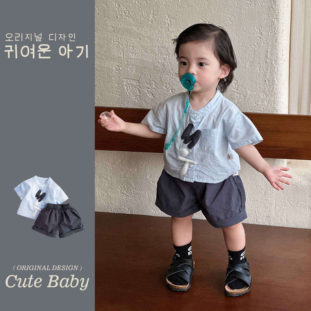 2025 verano nuevo estilo coreano bebé estilo occidental traje de niño de un solo pecho a clase de pantalones cortos ligeros de algodón de dos piezas