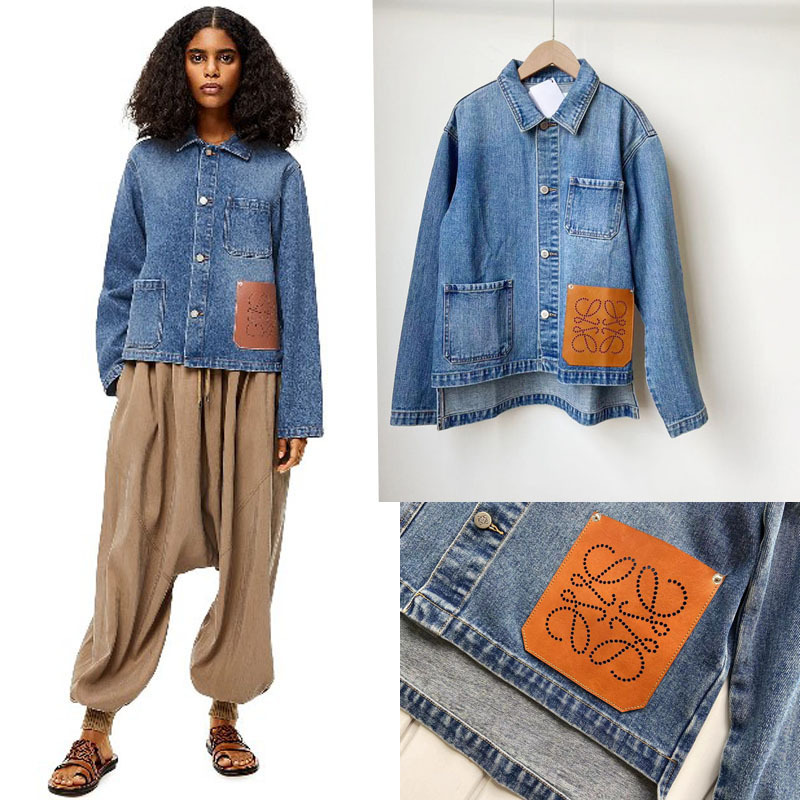 Autumn New Style Lo Luo Yi Patchwork Leather Hollow Logo Pocket Versatile Casual Denim Jacket Blue Women's Denim Coat