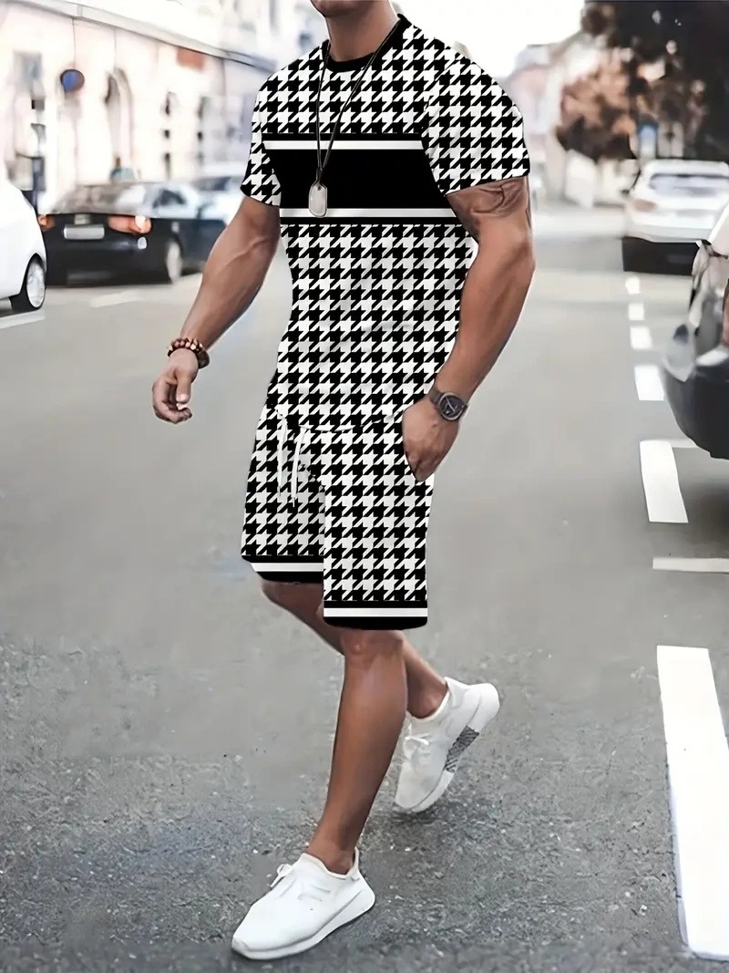 Completo estivo da uomo in due pezzi: camicia a maniche corte sottile e vestibilità ampia e magliette taglie forti, pantaloncini abbinati Mingshi_voghion.com