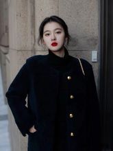 2025新款黑色羊剪绒皮毛一体羊羔外套小香风中长款仿皮草冬季大衣