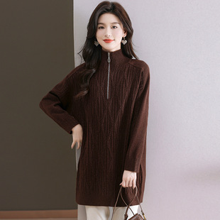 Fashion Middle-aged Women's Zipper Sweater Outer Wear Mid-length plus size Loose Casual Chubby Mother Autumn and Winter Base Shirt