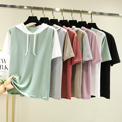 Women's Summer Thin Ice Silk T-Shirt, Color Block Hooded Short Sleeve Sweatshirt, Outerwear Loose Knit Top