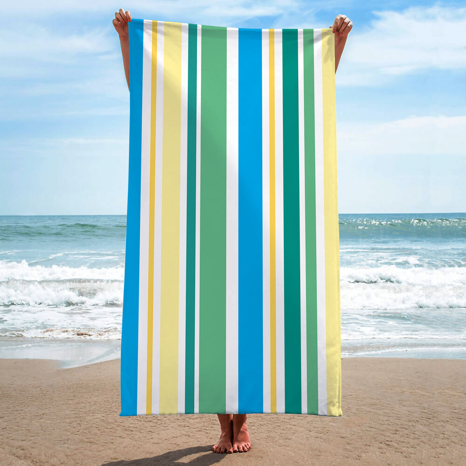 跨境超细纤维条纹方形沙滩巾毛巾料方巾3D数码印花几何系列沙滩巾