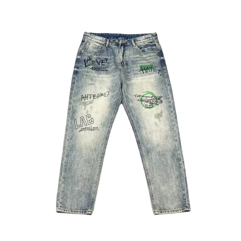 Men's Mid-Waist Straight Jeans Summer High Street Trendy Hip Hop Personalized Lettering Handsome Trousers Hong Kong Style_mkmklike.com