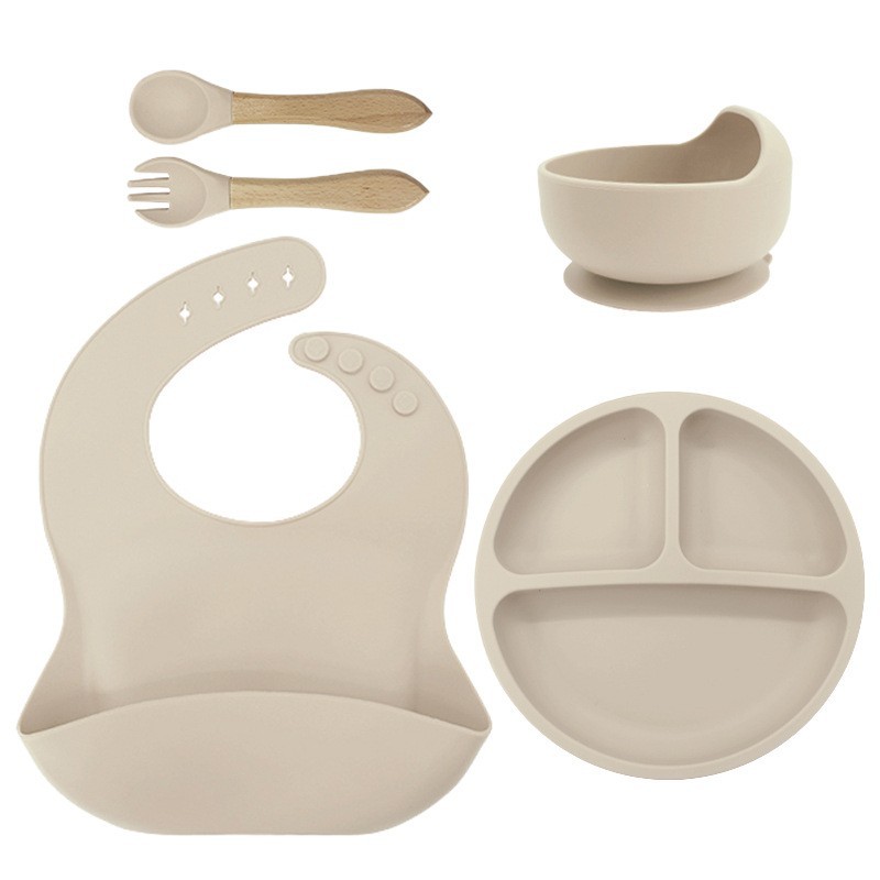 115g 턱받이 + 작은 흡입 컵 + 그릇 + 나무 포크와 스푼 황백색