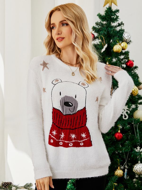 Transfronterizo popular europeo y americano diseño de punto superior Navidad dibujos animados jacquard suéter bordado oso Navidad suéter
