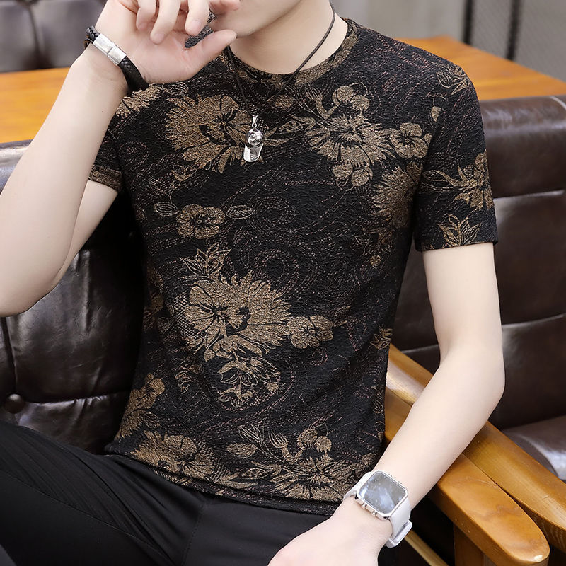 花柄アイスシルク半袖Tシャツメンズ新しいカジュアルホットスタンピング中空トレンディ通気性新しいTシャツファッショントレンド|undefined