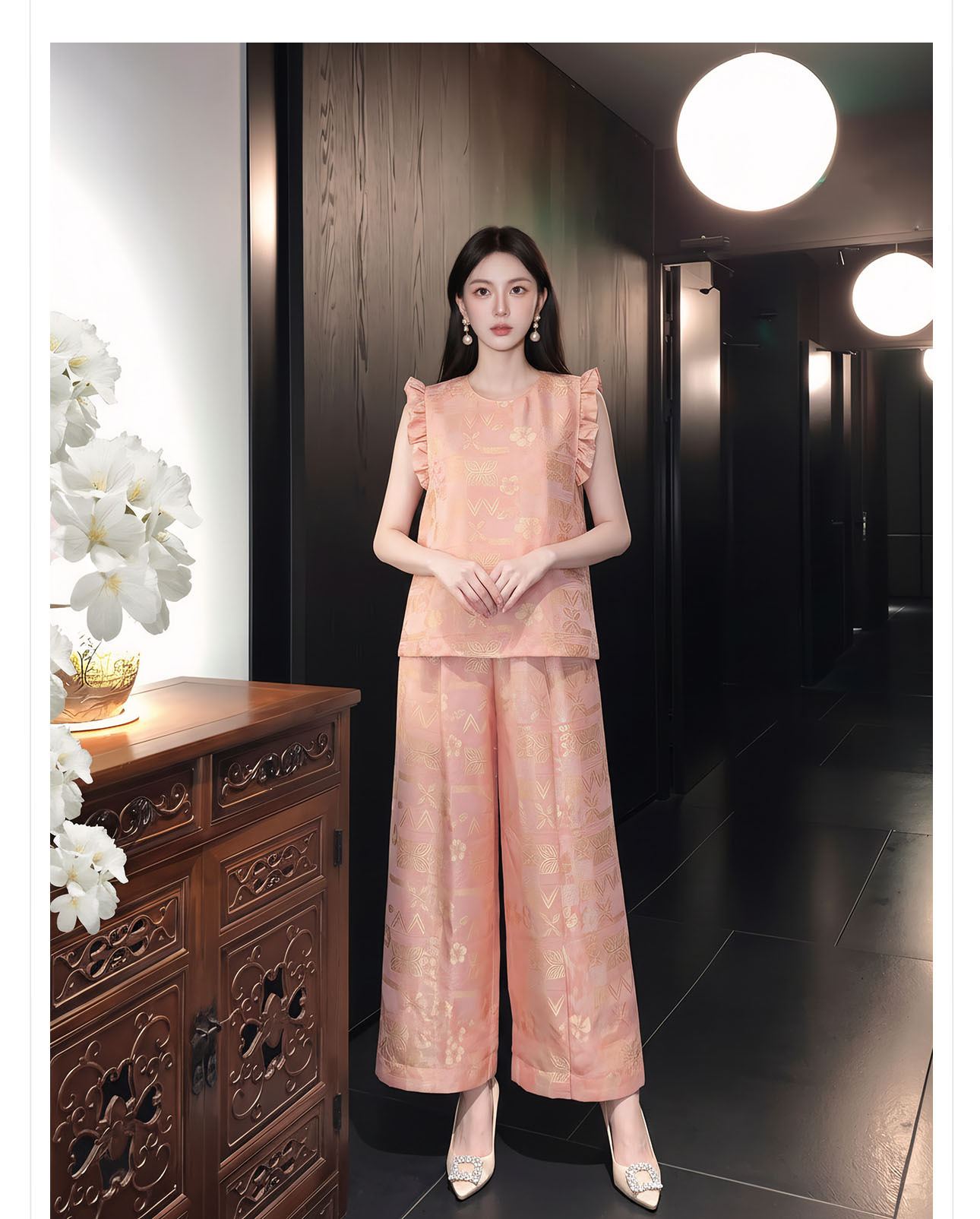 Bộ đồ nữ mùa hè phong cách tân trung hoa áo tay lửng phối quần ống rộng họa tiết jacquard — Trang chủ, bộ đồ, Quần dài chi tiết 7