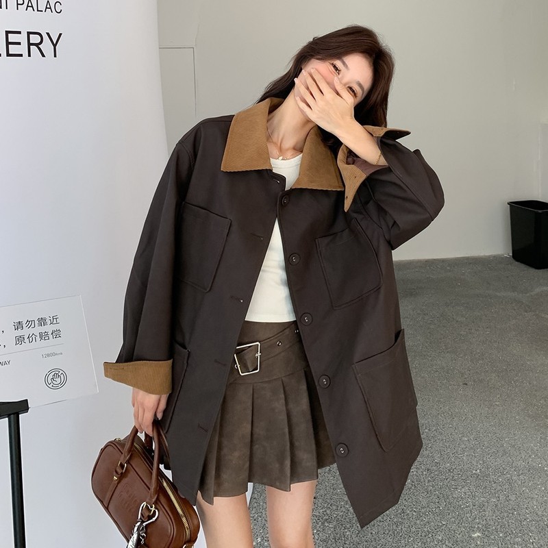 咖色独特工装风衣外套女中长款2025秋季新爆款小个子休闲撞色皮衣|undefined