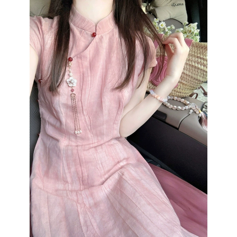 2025 новый китайский стиль дышащее летнее платье cheongsam широкие брюки розовый шикарный высокий темперамент высокого класса юбка