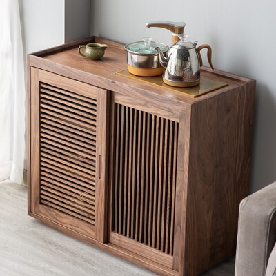 全实木新中式北美黑胡桃木茶台下置水桶边柜茶室家具储物收纳|ru