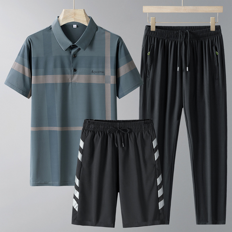 Papá traje deportivo de verano para hombre seda de hielo POLO camiseta de solapa transpirable de secado rápido traje de tres piezas de ropa casual de mediana edad y ancianos image 7
